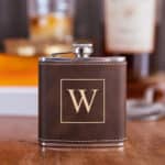 Personalized Brown Pocket Passer Flask with Square Monogram Design