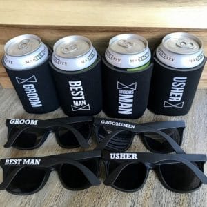 Locked and Loaded Gift Set. Wedding day sunglasses and koozies for the groom crew