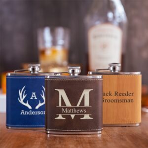 POCKET PASSER Personalized 6oz. Leather Flasks for Groomsmen
