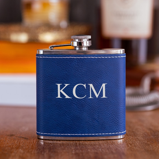 Personalized Blue Leather Groomsmen Flask