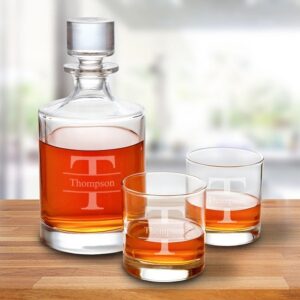Personalized Round Whiskey Decanter Set with 2 Lowball Glasses