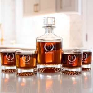 Personalized Round Whiskey Decanter Set with 4 Custom Lowball Glasses