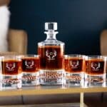 Round glass decanter set with engraved custom designs