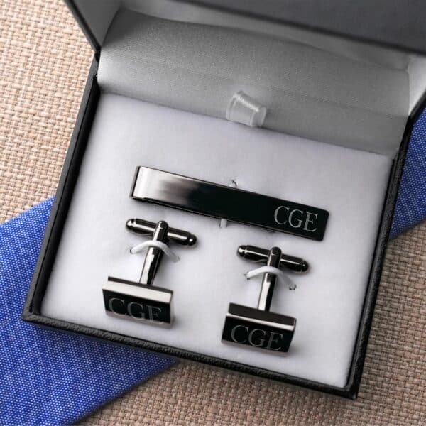 Gift box packaging for gunmetal square cufflinks and tie tack set
