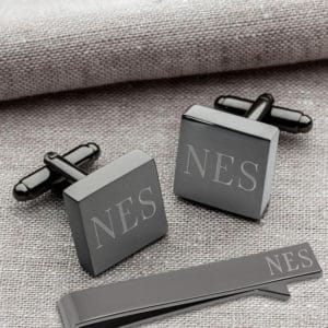 Personalized Gunmetal Square Cufflinks and Tie Clip Set