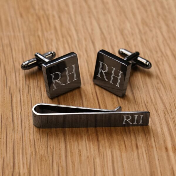 Personalized Gunmetal Square Cufflinks and Tie Clip Set (Gift Boxed)