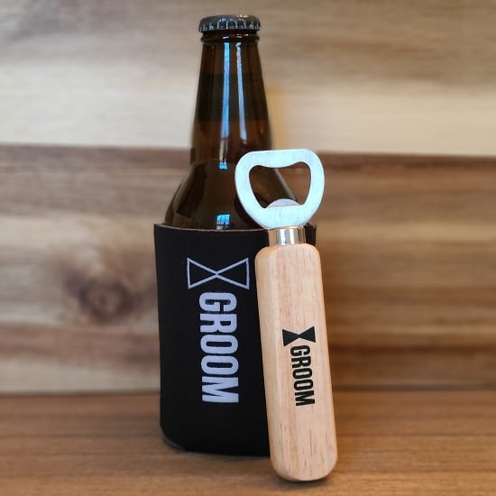 Groom Wooden Bottle Opener and Koozie Set