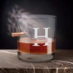 Groomsmen lowball glass with a real, lead-free solid copper .308 bullet. embedded in the side.