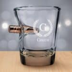 Shot glass with a real, lead-free .308 bullet embedded in the side.