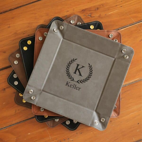 Grey stash tray with custom antler design for groomsmen