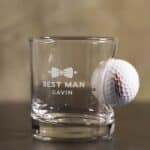 Benshot embedded golf ball lowball glass with a groomsman bow tie design.