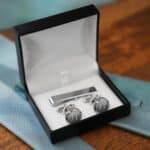 The silver beaded cuff links shown in the black storage/gift box
