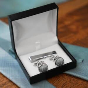 The silver beaded cuff links shown in the black storage/gift box