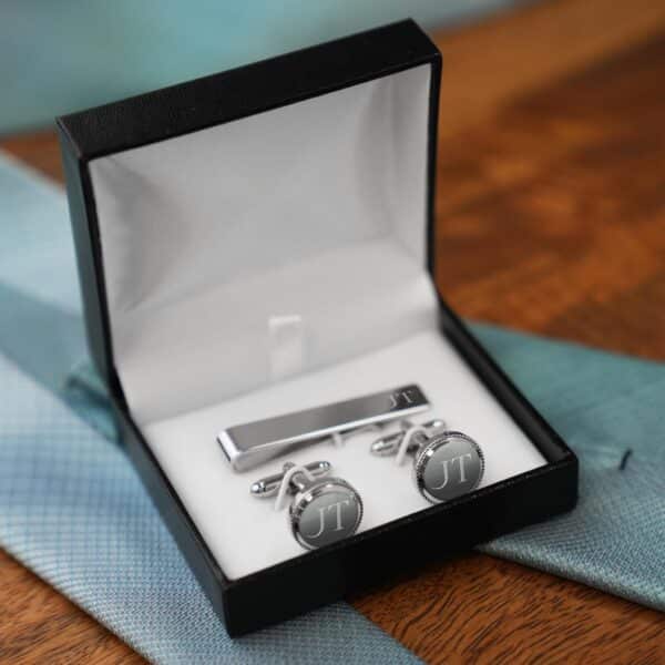 The silver beaded cuff links shown in the black storage/gift box