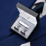 Silver oval cufflinks and tie bar shown in included black gift box
