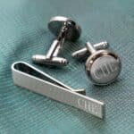 Personalized Beaded Silver Round Cufflinks & Tie Clip Gift Set (Gift Boxed)