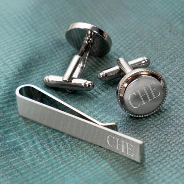 Personalized Beaded Silver Round Cufflinks & Tie Clip Gift Set (Gift Boxed)
