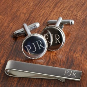 Personalized Beaded Silver Round Cufflinks & Tie Clip Gift Set (Gift Boxed)
