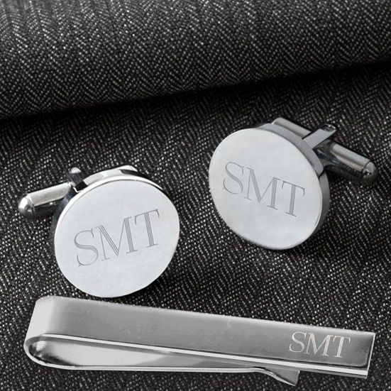Personalized Classic Silver Round Cufflinks & Tie Clip Gift Set (Gift Boxed)