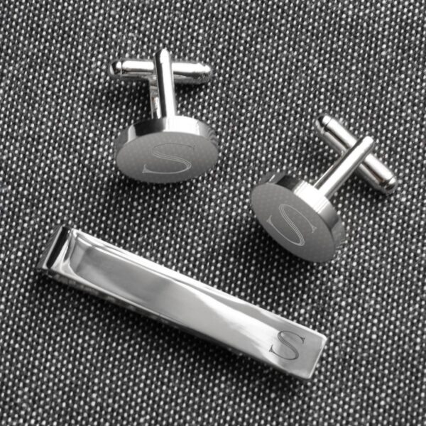 Personalized Classic Silver Round Cufflinks & Tie Clip Gift Set (Gift Boxed)