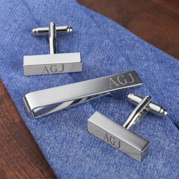 Personalized Rectangular Cufflink Bars & Tie Clip Gift Set (Gift Boxed)