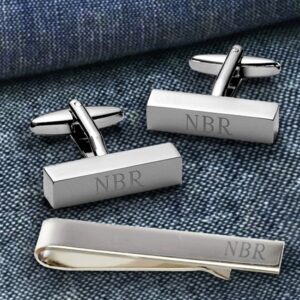 Personalized Rectangular Cufflink Bars & Tie Clip Gift Set (Gift Boxed)