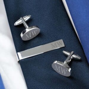 Personalized Silver Oval Cufflinks & Tie Clip Gift Set (Gift Boxed)