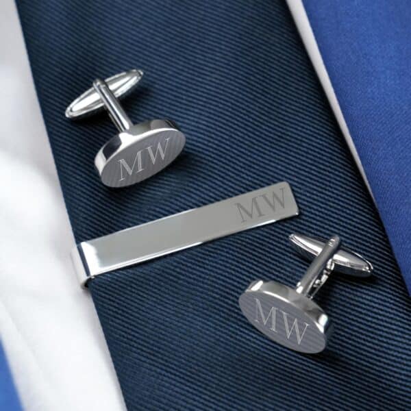 Personalized Silver Oval Cufflinks & Tie Clip Gift Set (Gift Boxed)