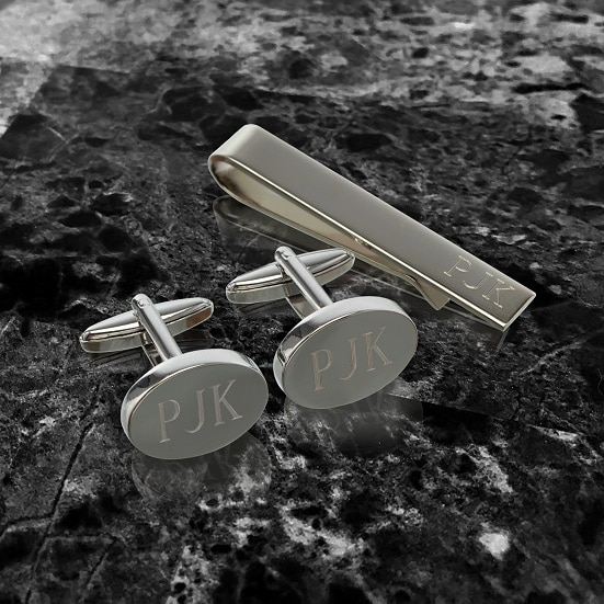 Personalized Silver Oval Cufflinks & Tie Clip Gift Set (Gift Boxed)