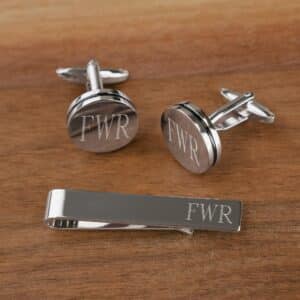 Personalized Silver Pin Stripe Cufflinks & Tie Clip Gift Set (Gift Boxed)