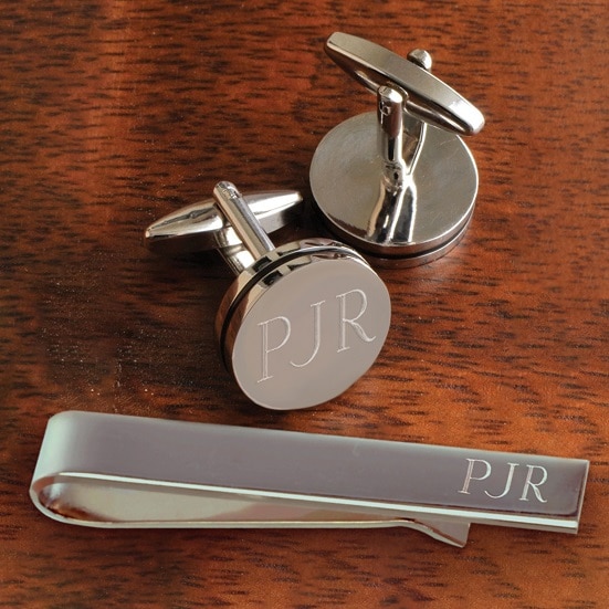Personalized Silver Pin Stripe Cufflinks & Tie Clip Gift Set (Gift Boxed)