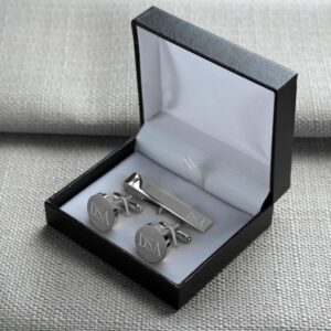 Silver round cufflinks and tie tack set shown in black gift box
