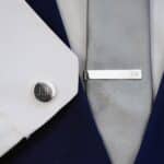 The silver cufflink tie clip set is classic and will match any wedding attire