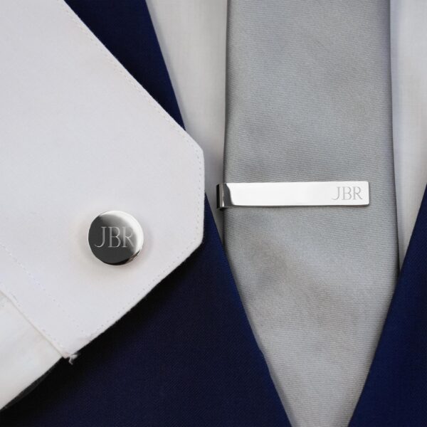 The silver cufflink tie clip set is classic and will match any wedding attire