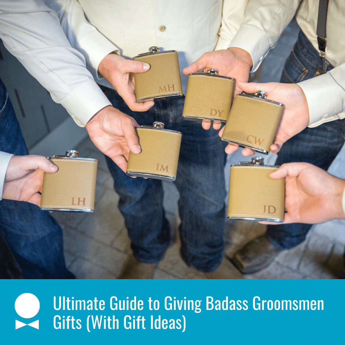 groomsmen holding customized drink flasks