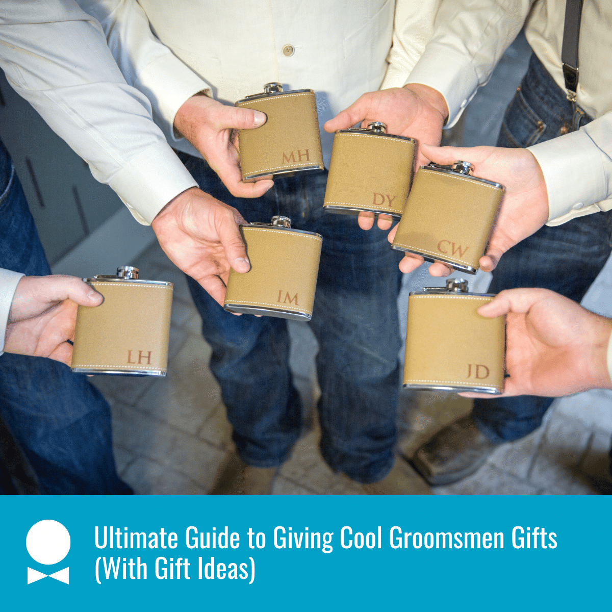 groomsmen holding personalized flasks