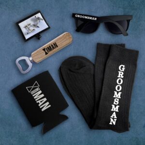 Ultimate Groomsmen Gift Set (Sunglasses, Socks, Cufflinks, Bottle Opener & Cozy)
