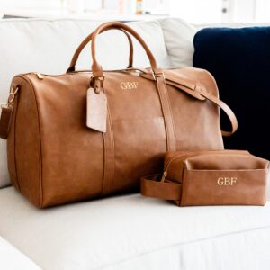 Personalized Brown Vegan Leather Duffle & Dopp Set