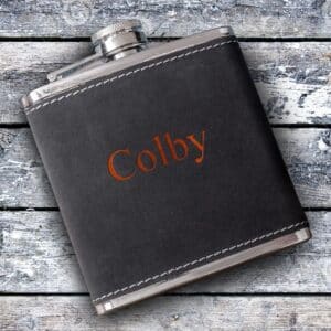 BACK IN A FLASK Personalized 6oz. Suede Flask with Orange Lettering