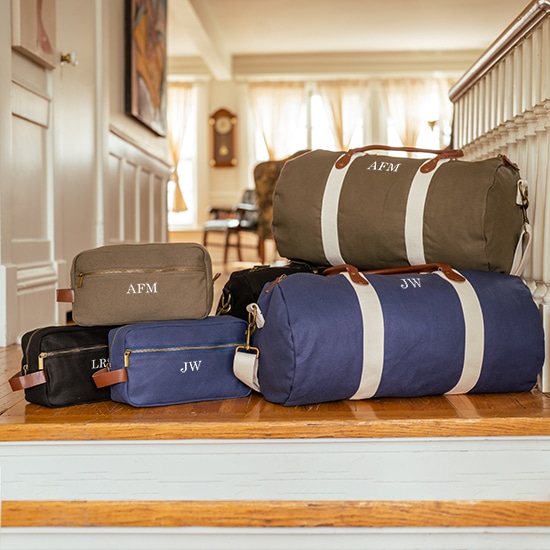 Groomsmen gift duffle bag and dopp sets available in 3 colors with free personalization
