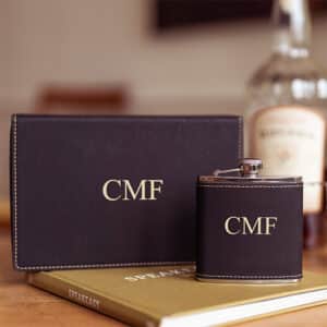 Black leather flask and shot glass set for groomsmen