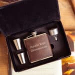 Black leather flask and shot glass set for groomsmen