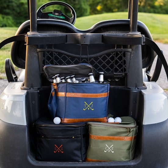 All three colors of groomsmen colf cooler shown in golf cart