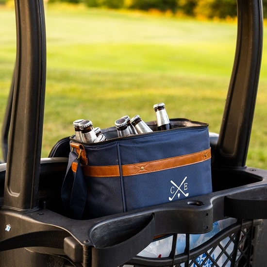 Blue golf cooler in cart