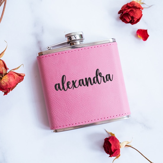 Pink bridesmaid flask engraved with bridal party names
