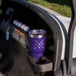 Purple golf tumbler in golf cart