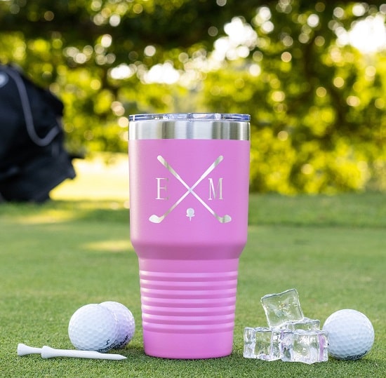 Pink personalized women's golf tumbler