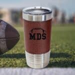 Engraved football travel mug with custom initials