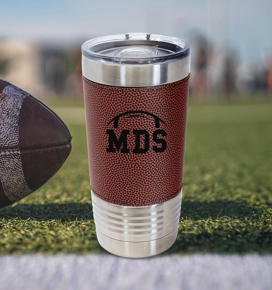 Engraved football travel mug with custom initials