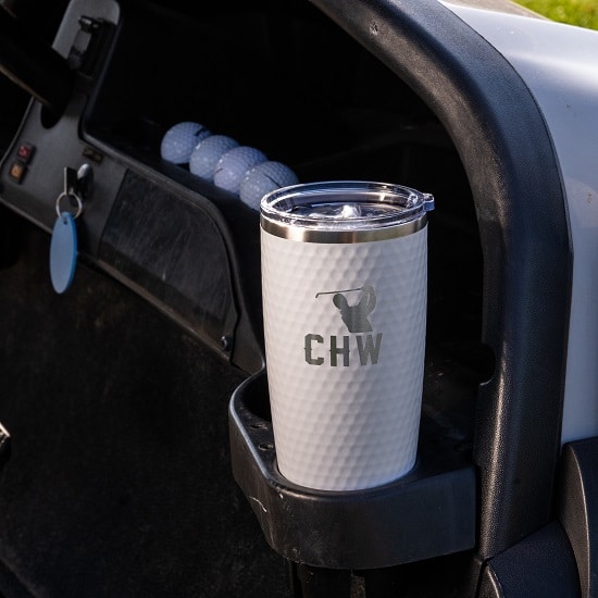 Unique golf drink tumbler that fits comfortably in the golf cart drink holder